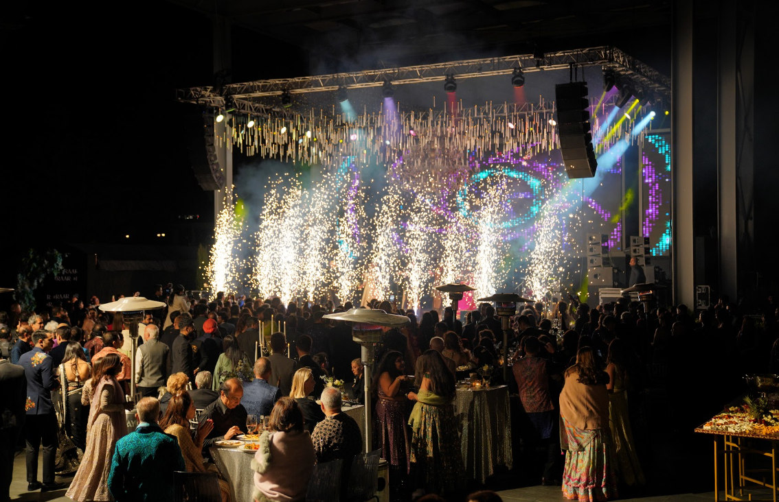 Night event stage with pyrotechnics