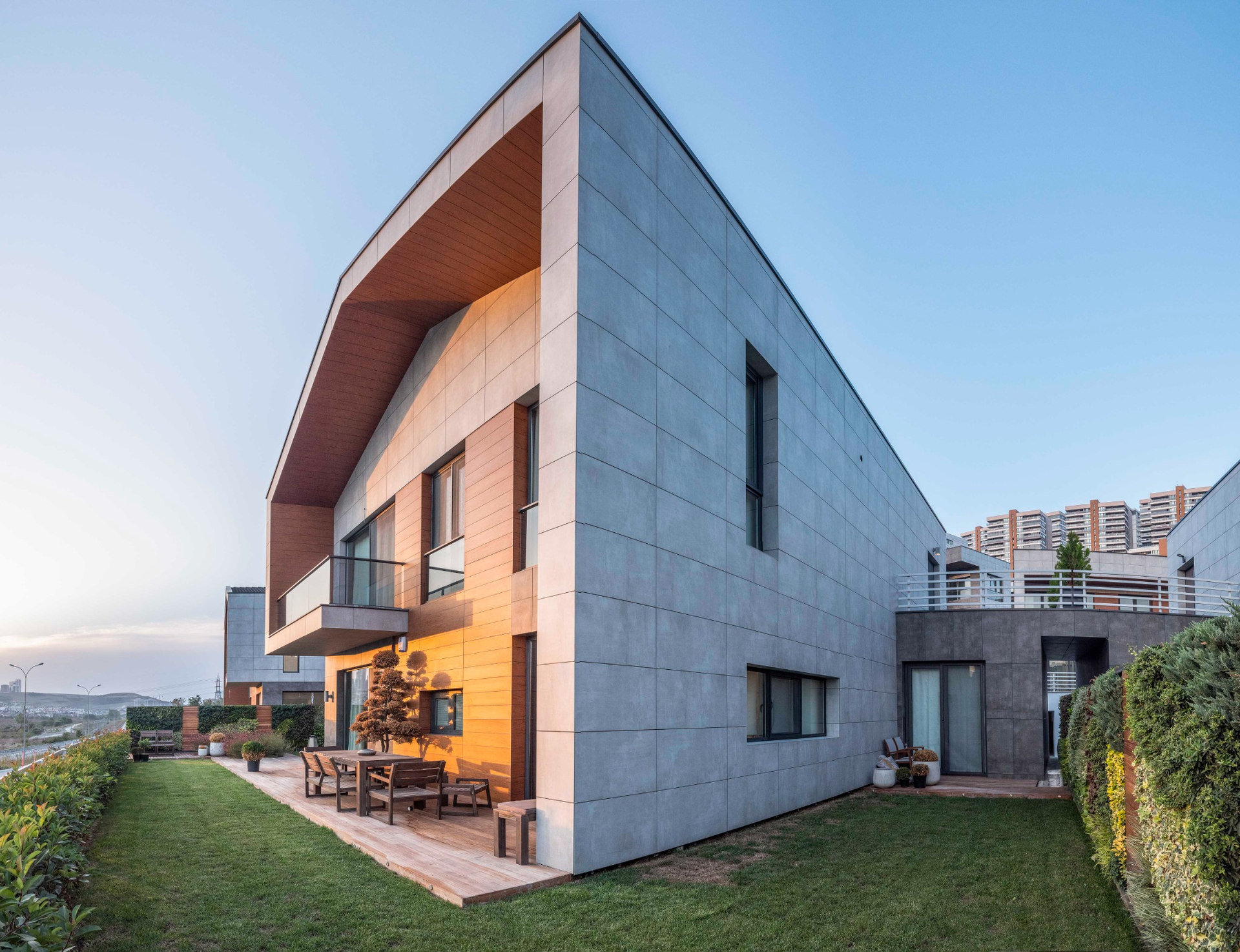 Angular modern residence at dusk