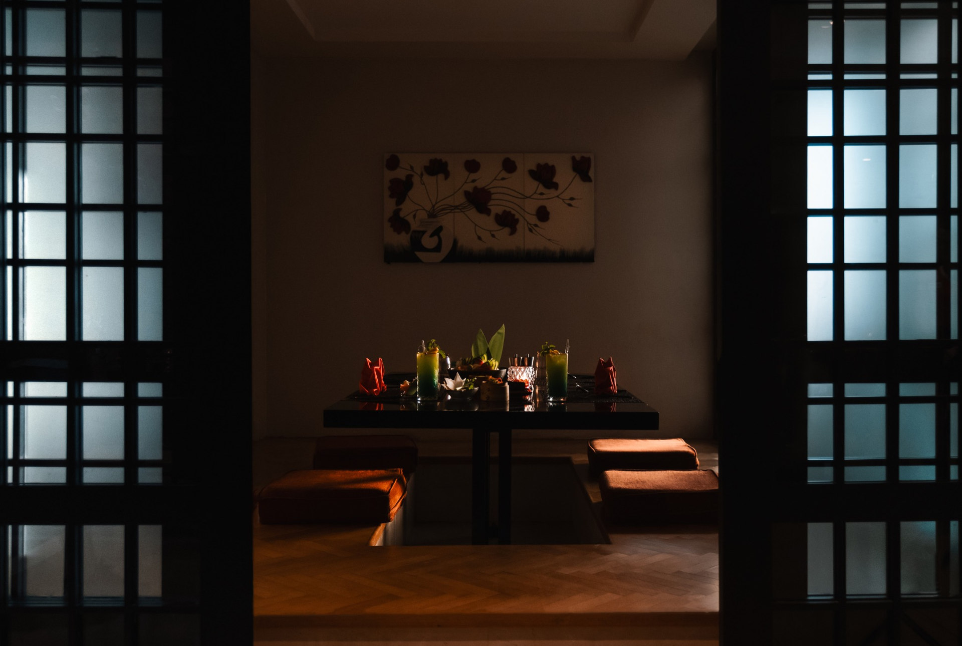 Warmly lit restaurant alcove