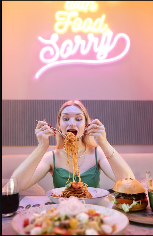 Dining personality under neon lettering