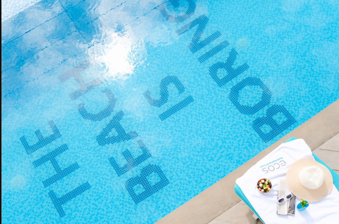 Aerial pool view with typography